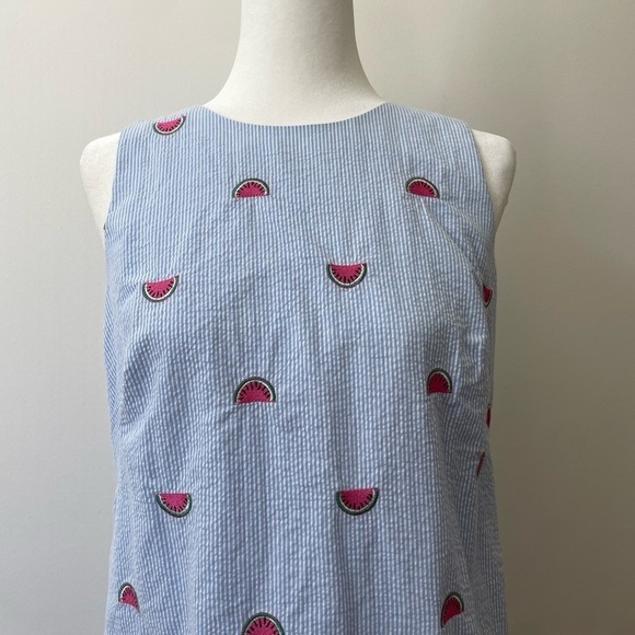 Talbots Seersucker Embroidered Watermelon Shift Dress Ruffle Picnic Size 10 - Picture 2 of 9